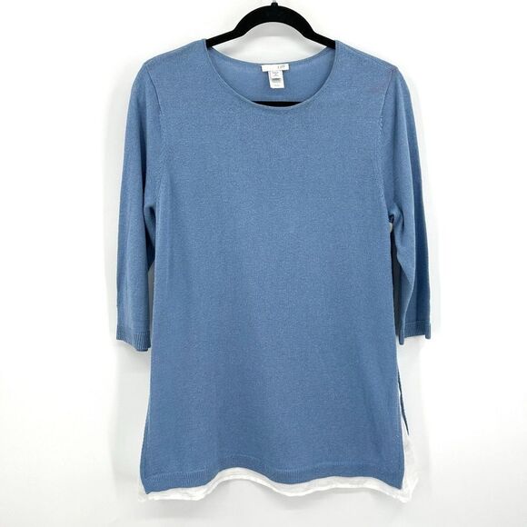 J. JILL Blue White Linen Blend Boxy Oversized Tunic Shirt Top Size Medium Petite - Picture 1 of 5